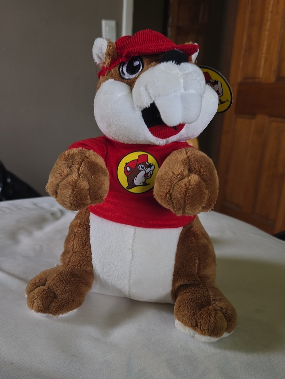 Buc-ee's Brown & White Beanie Beaver Plush Toy - Red Shirt